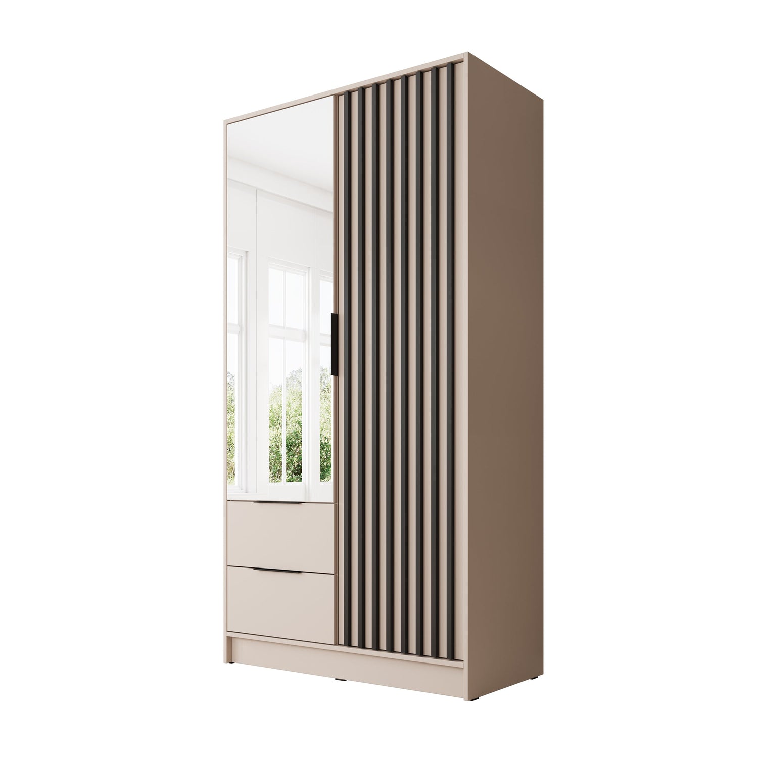 Meubella - Kledingkast Nairobi - Beige - Zwart - 105 cm - met spiegel