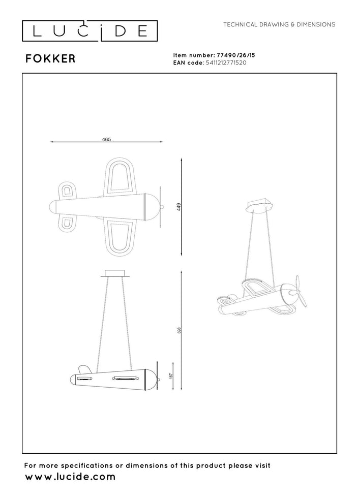 Lucide FOKKER Hanglamp - Grijs ijzer