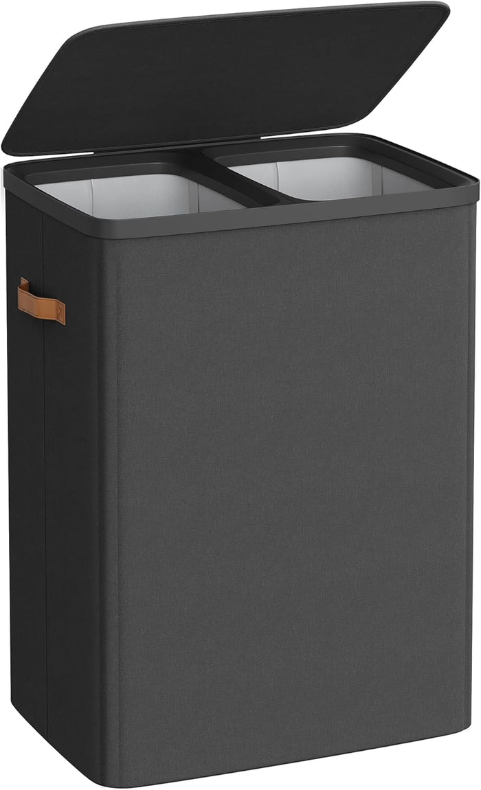 ACAZA Wasmand Met Deksel - 2 Vakken - 170 L - 56 x 40 x 75 cm - Donkergrijs