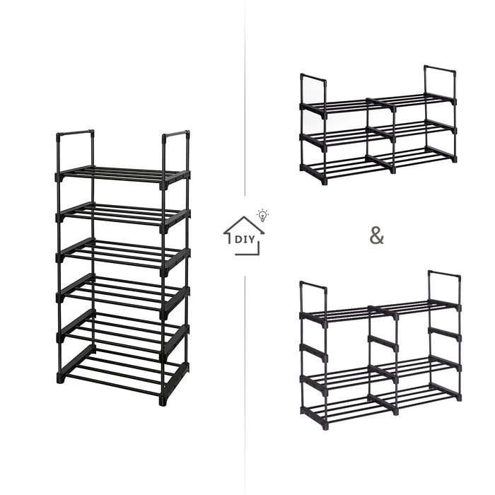 Schoenenrek bestaande uit 6 Vakken - Schoenenopberger - metalen Opbergrek, voor 12 tot 15 paar Schoenen - stapelbaar Schoenenrek - voor Hal, Woonkamer, Slaapkamer - 30 x 45 x 106 cm - Zwart