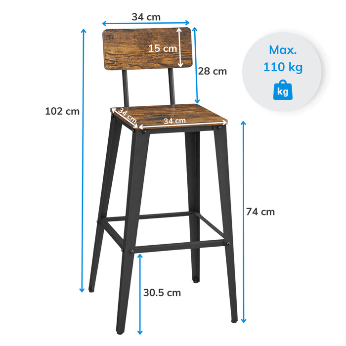 ACAZA Barkrukken - Barkruk - Barkrukken Set van 2 - Zithoogte 74 cm - Vintage Bruin - STRAK design - Barstoel - Barkrukken met Rugleuning - Voetsteun - Ronde Barkrukken - Industrieel - Barstoelen