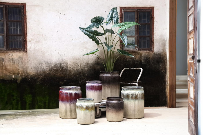 PTMD Alicen Pink Ceramic Ribbed Round Pot Set Of 2