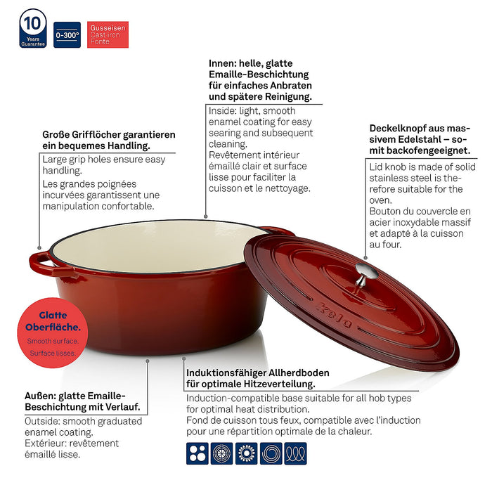 Braadpan Gietijzer Ovaal Rood, 33 cm x 26 cm- Kela | Calido