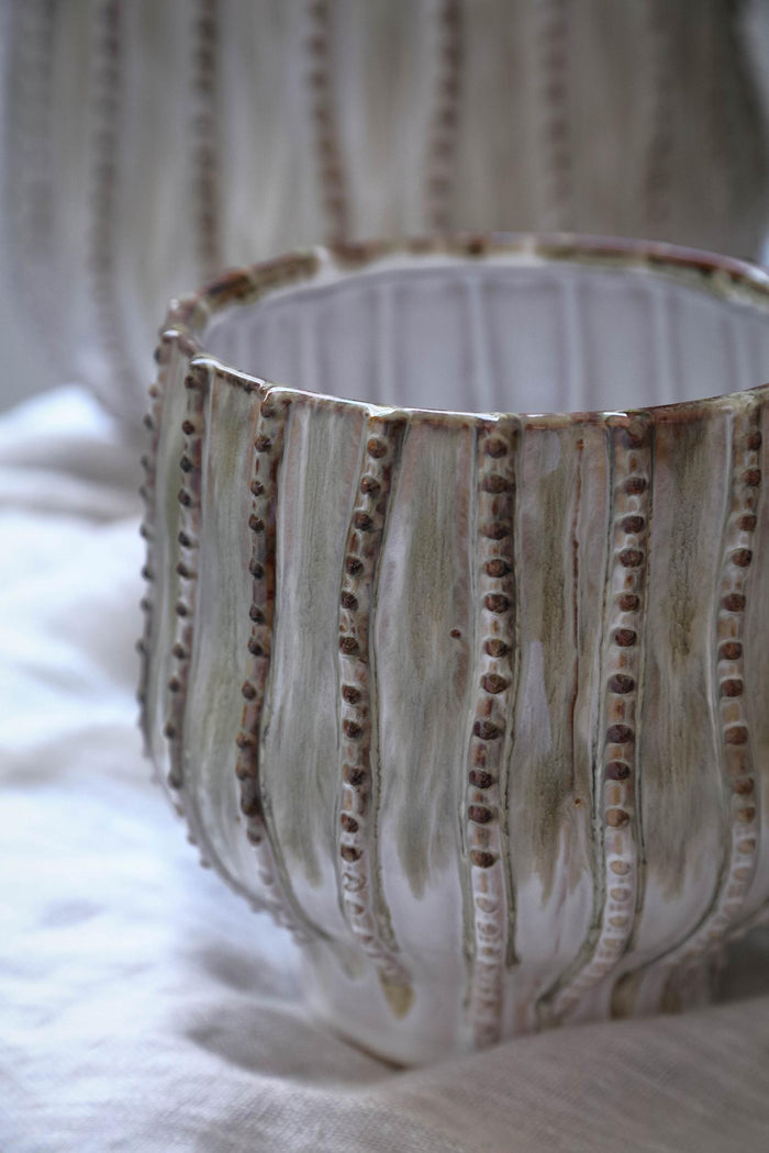 PTMD Dell Cream Ceramic Glazed Pot Line Pattern Round L