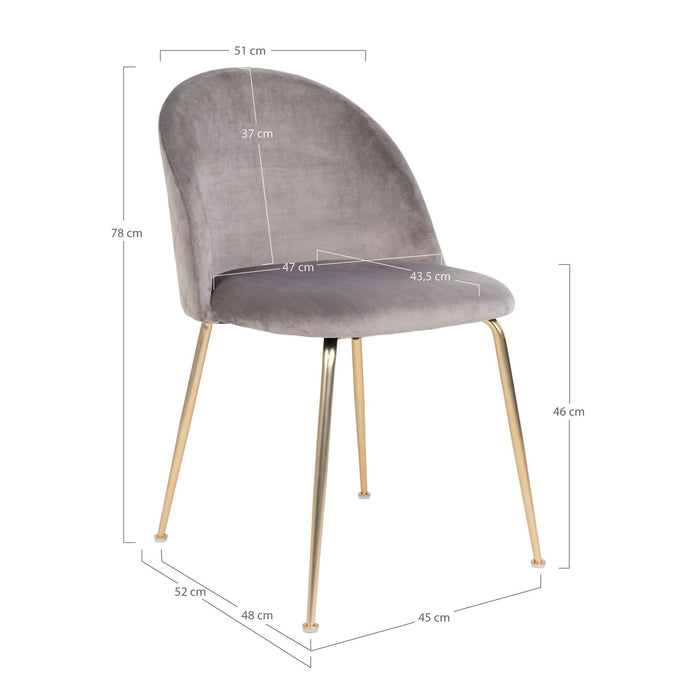 Geneve Dining Chair - Dining Chair, velvet, grey, brass look legs