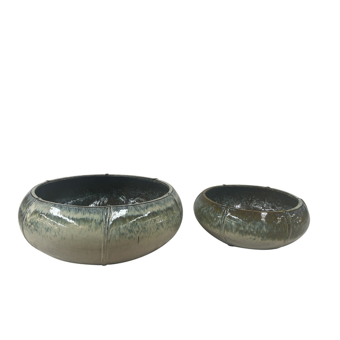 PTMD Azad Yellow Ceramic Bowl Pot Low Round Set Of 2