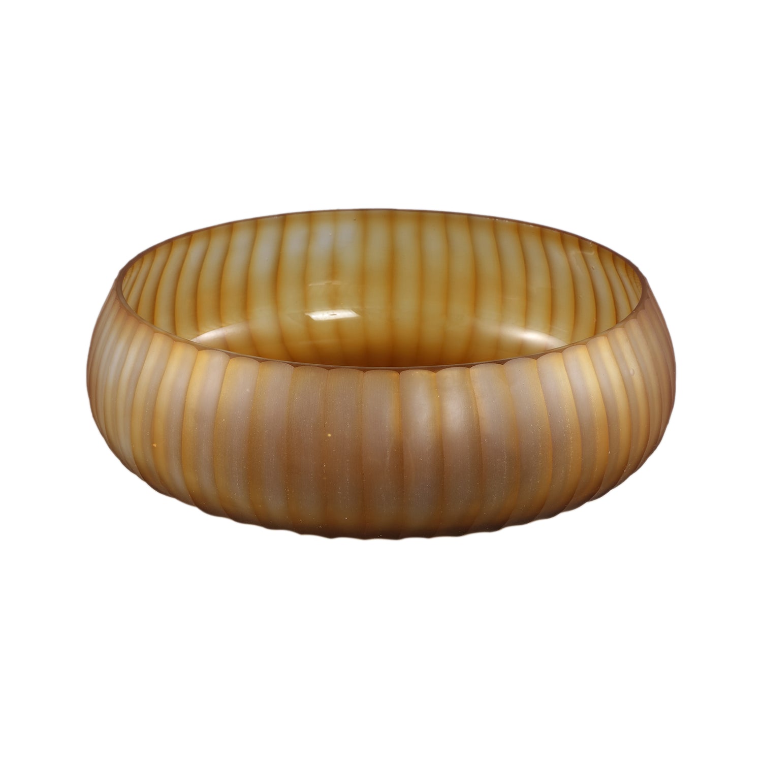 PTMD Lavanya Brown Carved Glass Round Bowl Ribbed