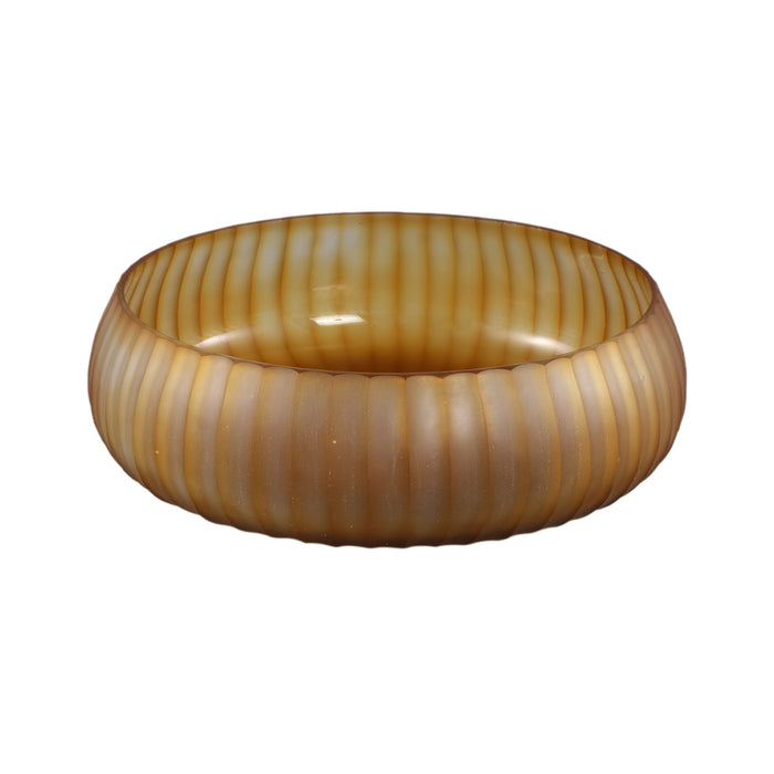 PTMD Lavanya Brown Carved Glass Round Bowl Ribbed