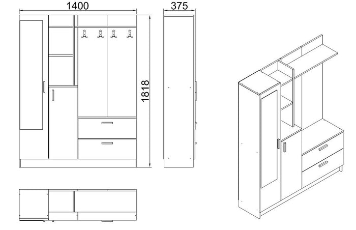Giga Meubel - Garderobemeubel Naturel|Wit Hout - 140cm - Didim