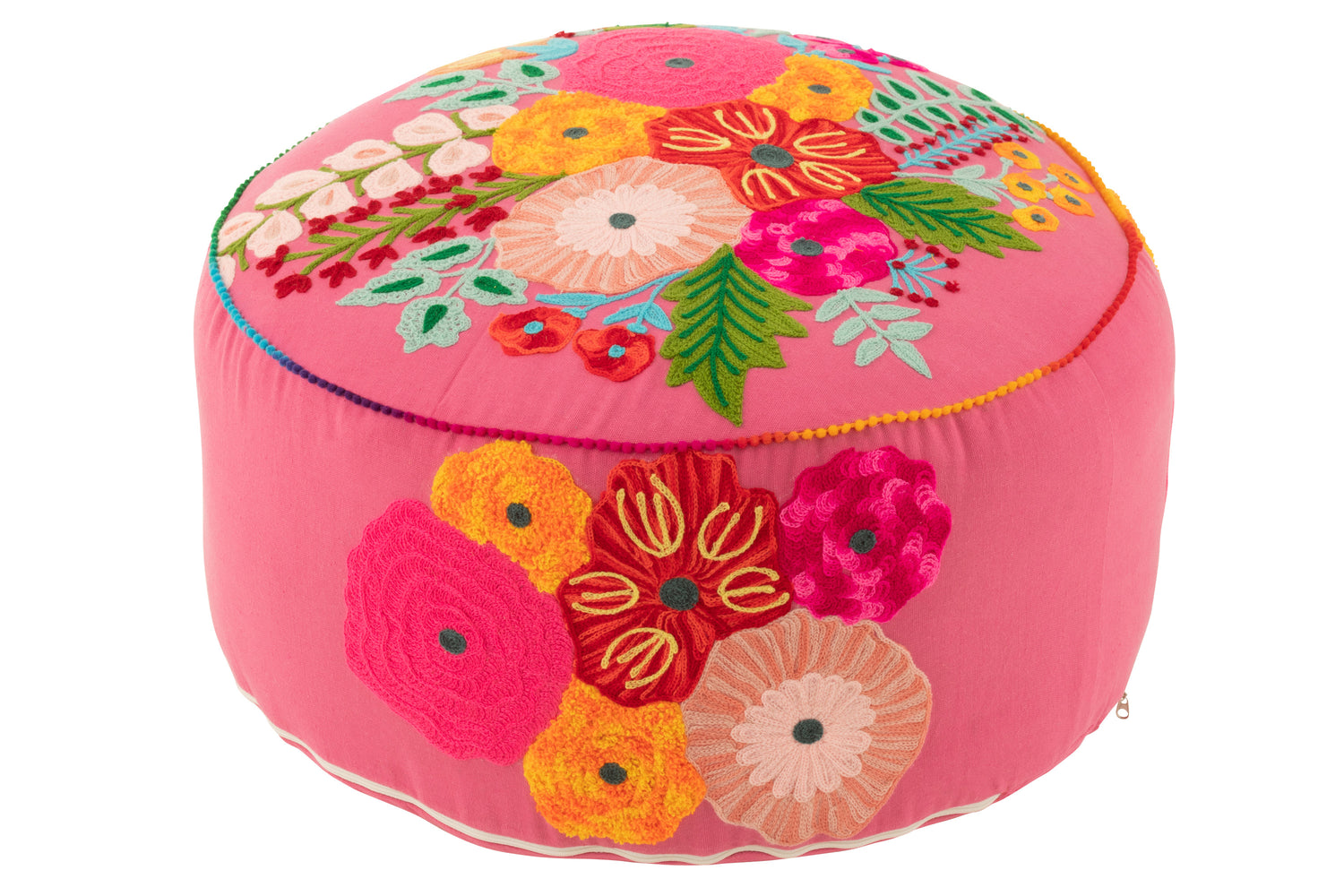 J-Line Poef Rond Bloemen Geborduurd Katoen|Polyester Roze