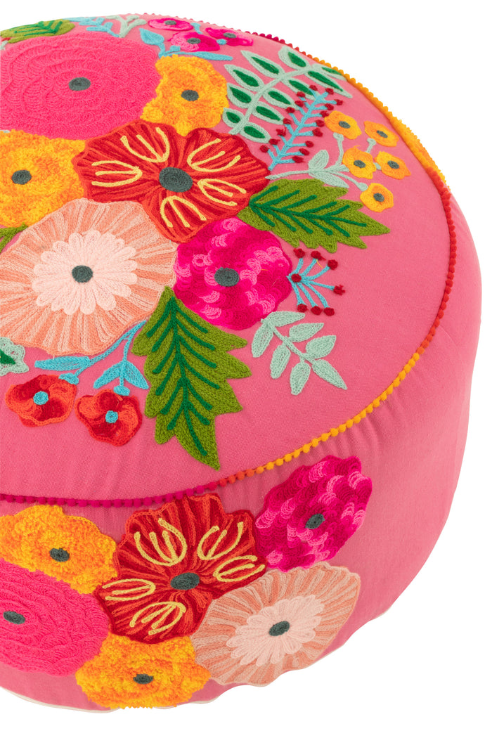J-Line Poef Rond Bloemen Geborduurd Katoen|Polyester Roze