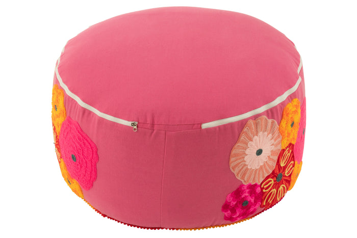 J-Line Poef Rond Bloemen Geborduurd Katoen|Polyester Roze