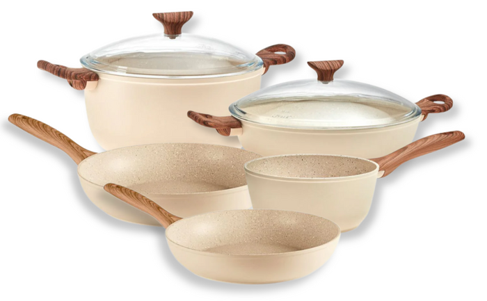 Sambonet Pannenset Rock 'n' Rose Creme - Braadpan, Hapjespan, Koekenpannen ø 24 & 28 cm & Steelpan - 5 Delig