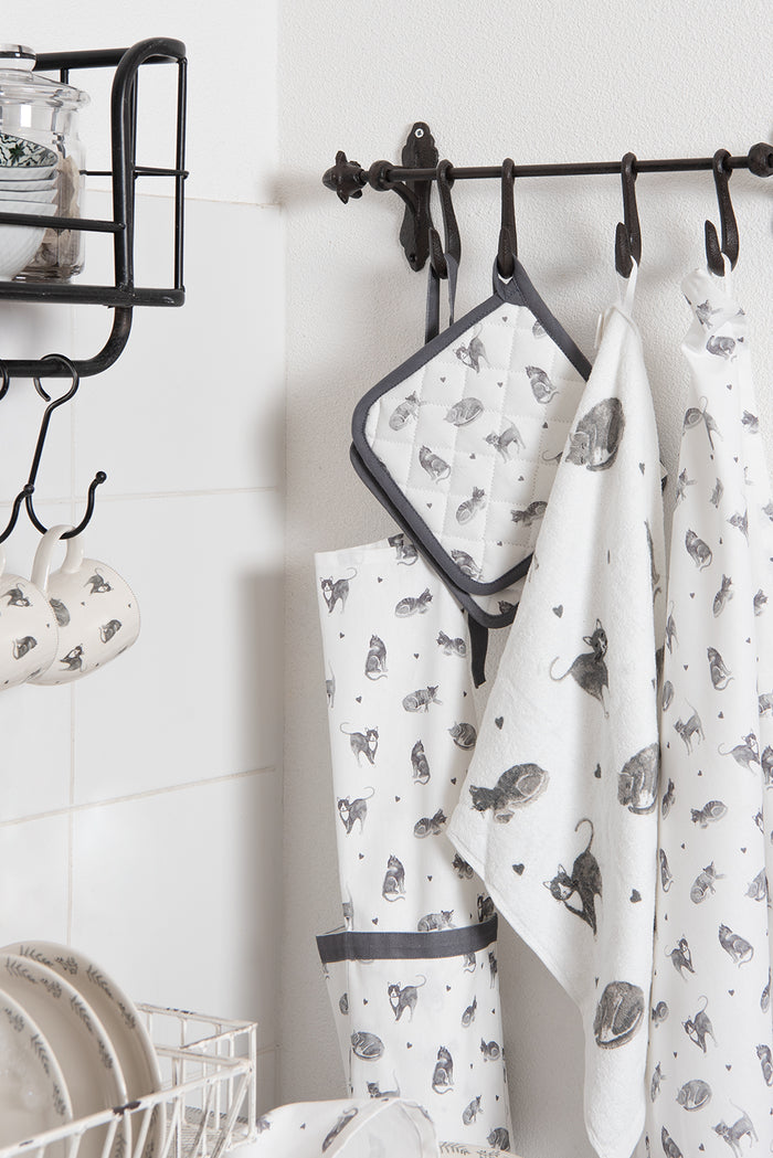 Clayre & Eef Pannenlap 20x20 cm Grijs Wit Katoen Katten