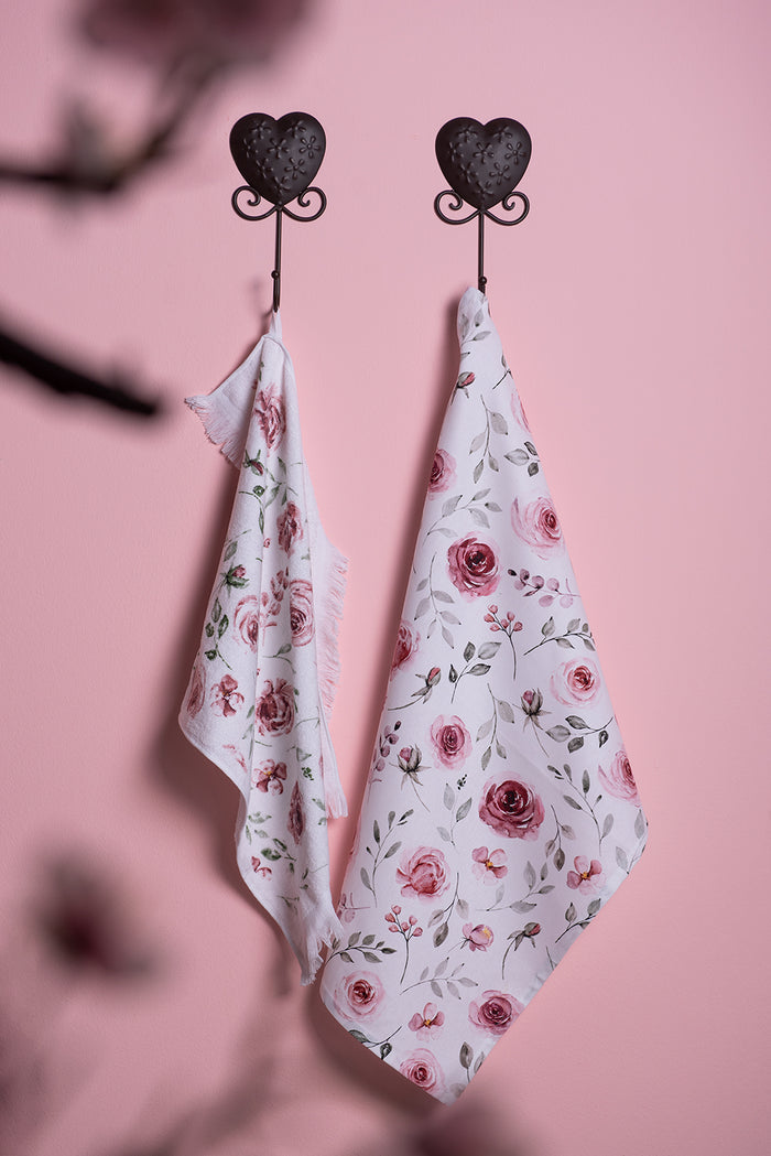 Clayre & Eef Theedoek 50x70 cm Wit Roze Katoen Rozen