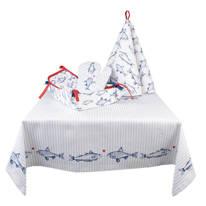 Clayre & Eef Ovenwant 18x30 cm Wit Blauw Katoen Vissen