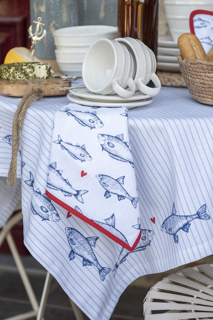 Clayre & Eef Ovenwant 18x30 cm Wit Blauw Katoen Vissen