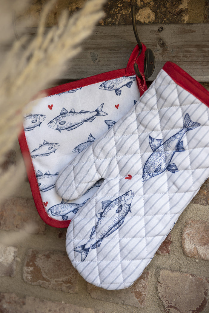 Clayre & Eef Ovenwant 18x30 cm Wit Blauw Katoen Vissen