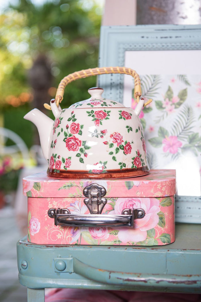 Clayre & Eef Theepot met Filter 700 ml Beige Roze Keramiek Bloemen