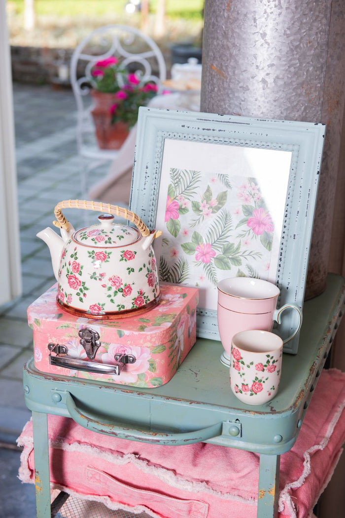 Clayre & Eef Theepot met Filter 700 ml Beige Roze Keramiek Bloemen