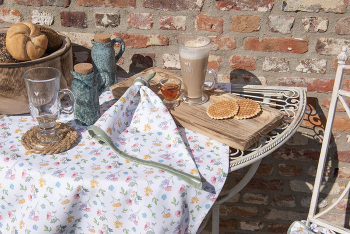 Clayre & Eef Tafelkleed 100x100 cm Wit Groen Katoen Bloemen