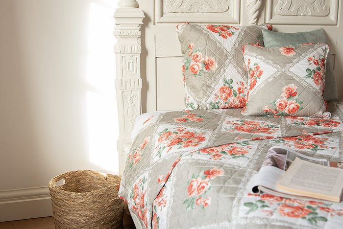 Clayre & Eef Bedsprei 240x260 cm Grijs Roze Katoen Bloemen