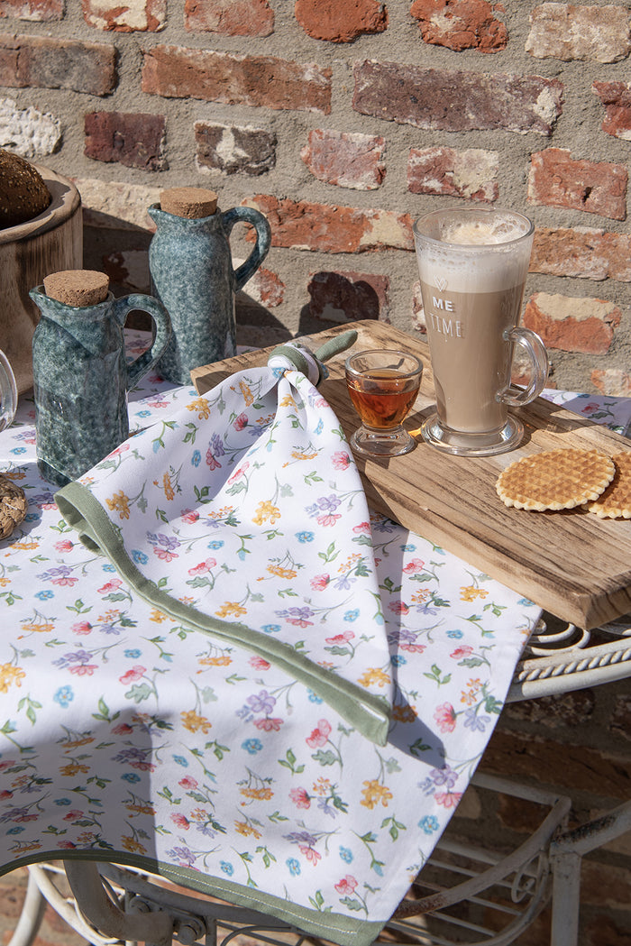 Clayre & Eef Tafelkleed 100x100 cm Wit Groen Katoen Bloemen