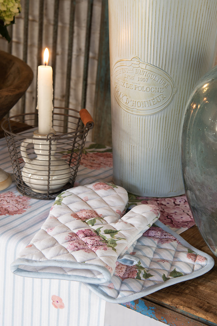 Clayre & Eef Pannenlap 20x20 cm Blauw Roze Katoen Hortensia