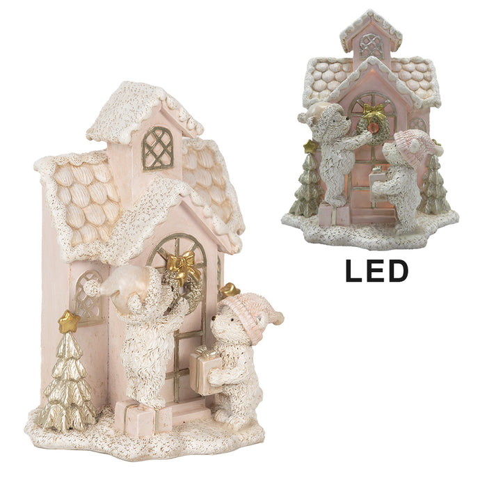 Clayre & Eef Decoratie Huis met LED 15x10x18 cm Roze Polyresin Beer
