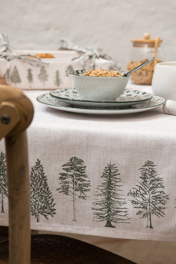 Clayre & Eef Tafelloper 50x140 cm Beige Groen Katoen Dennenbomen