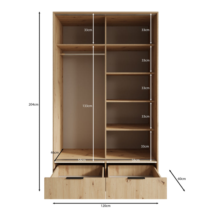 Meubella - Venn - Kledingkast met schuifdeuren - Eiken - 120x60x204 cm