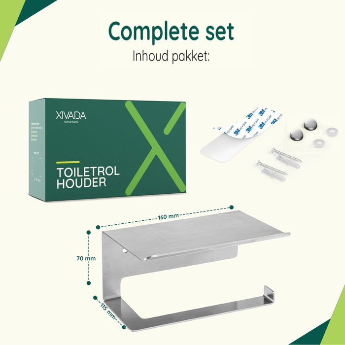 XIVADA WC Rolhouder Zeus - Met plankje - Inclusief schroefset - Zilver