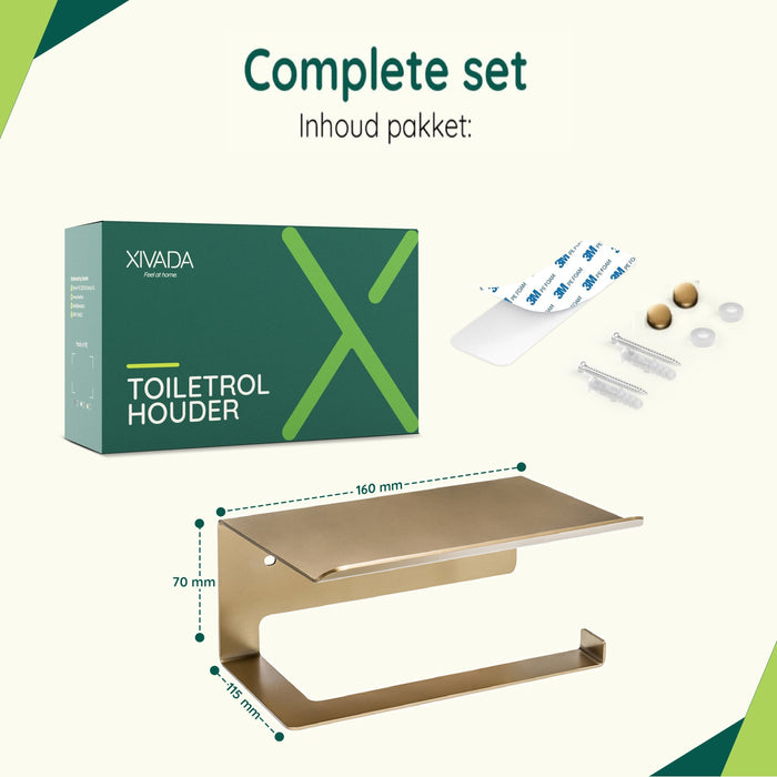 XIVADA WC Rolhouder Zeus - Met plankje - Inclusief schroefset - Goud