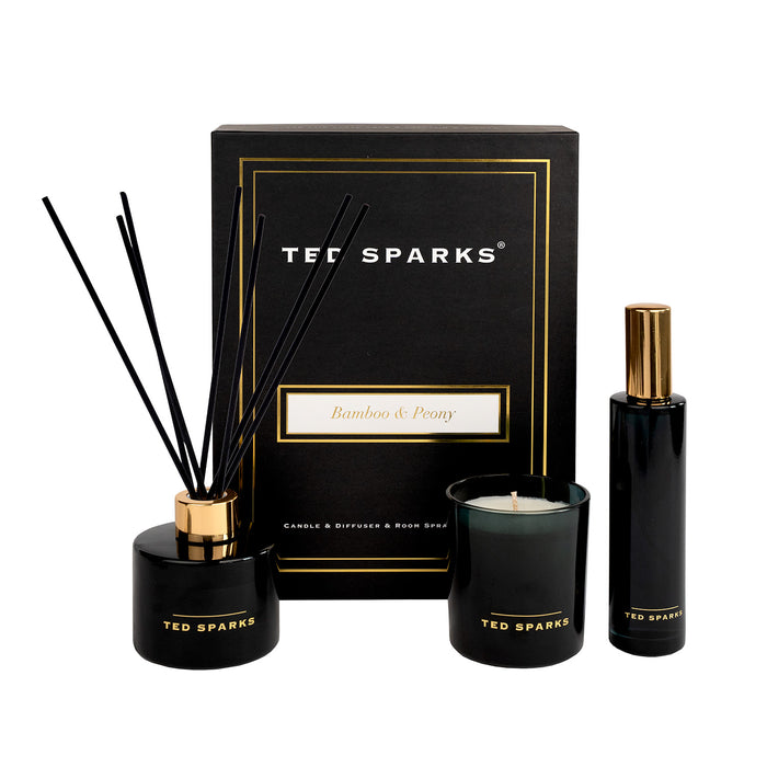 Ted Sparks Kaars, Geurstokjes & Roomspray Gift Set L - Bamboo & Peony