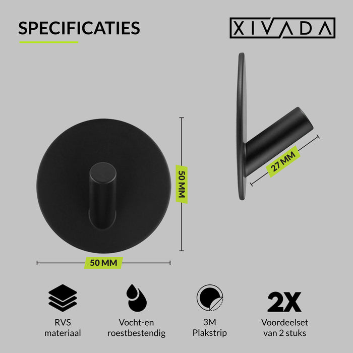 XIVADA Handdoekhaakjes Xavi - Zelfklevend - Rvs - Zwart - Set van 2