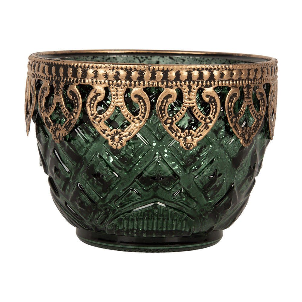 Clayre & Eef Waxinelichthouder Ø 10x8 cm Groen Glas