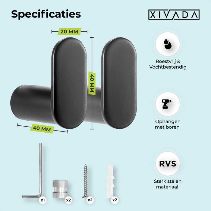 XIVADA Handdoekhaakjes Mila - Schroefset - Rvs - Zwart - Set van 2