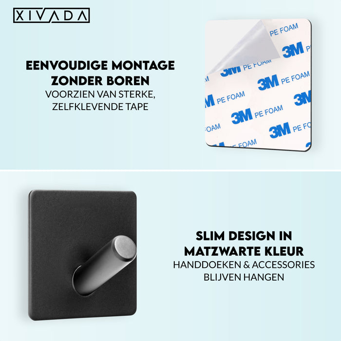 XIVADA Handdoekhaak Paza - Rvs - 3M Tape - Zwart - Set van 2