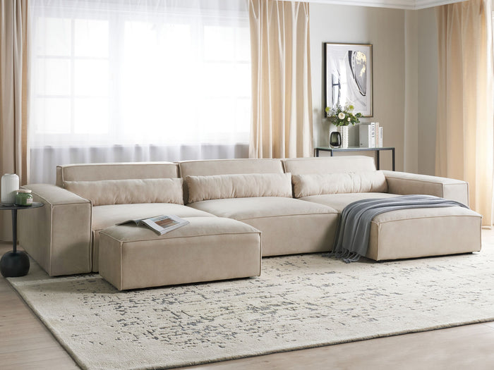 Beliani-HELLNAR-Hoekbank 3-zits met ottomaan-Beige-Links-Fluweel