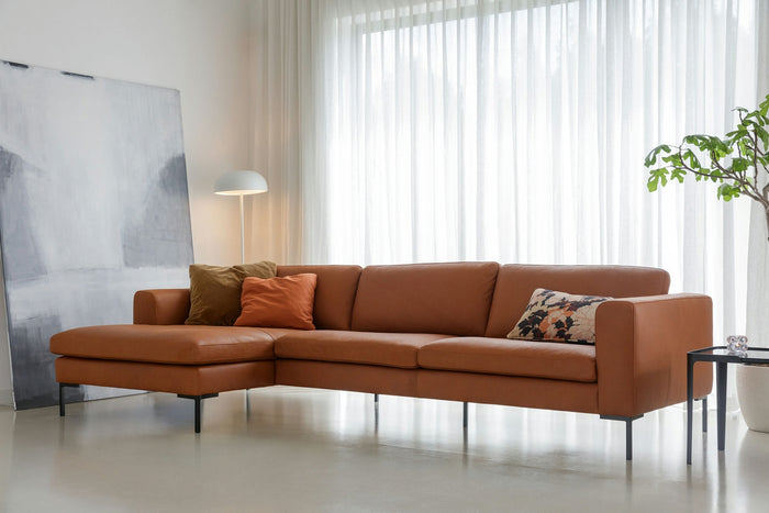 Sits Elton 3-Zits + Chaise Lounge Leer Cognac Rechts|Links