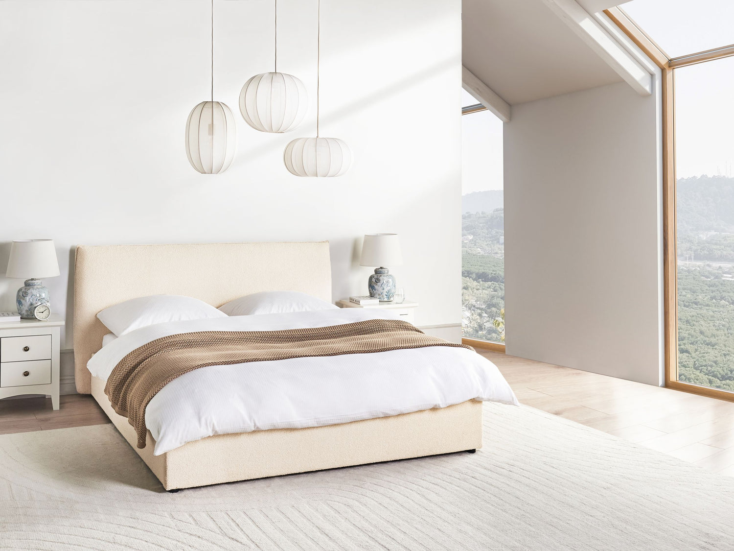 Beliani-LAVAUR-Bed met opbergruimte-Beige-160 x 200 cm-Bouclé
