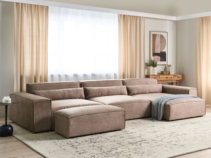 Beliani-HELLNAR-Hoekbank 3-zits ottomaan-Lichtbruin-Links-Polyester