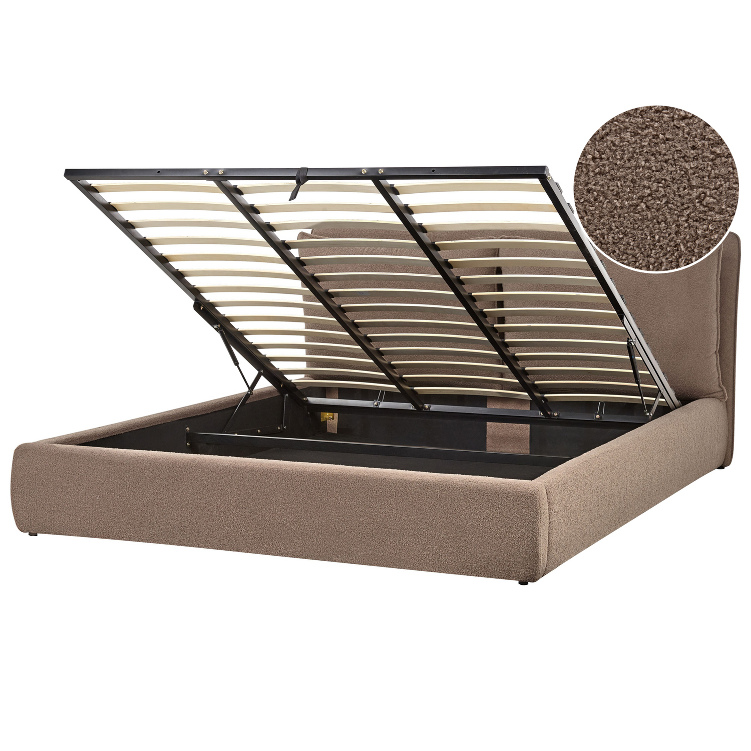 Beliani-BAJONNA-Bed met opbergruimte-Bruin-180 x 200 cm-Bouclé