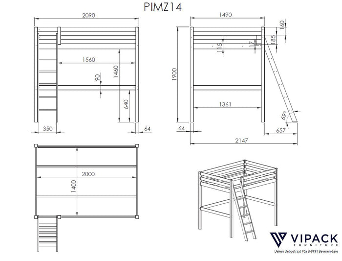LUCEVI - Pino Mezzanine bed + Ladder + Bureau - Wit - 140x200 cm