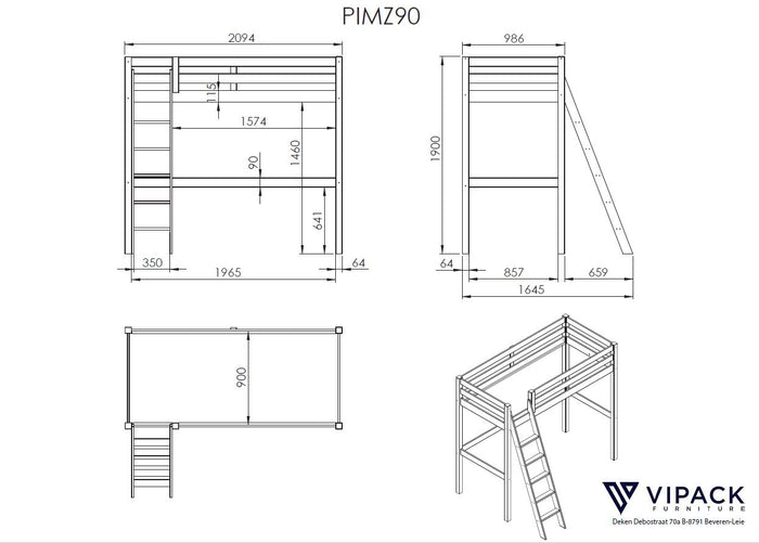 LUCEVI - Pino Mezzanine bed + Ladder + Bureau - Wit - 90x200 cm