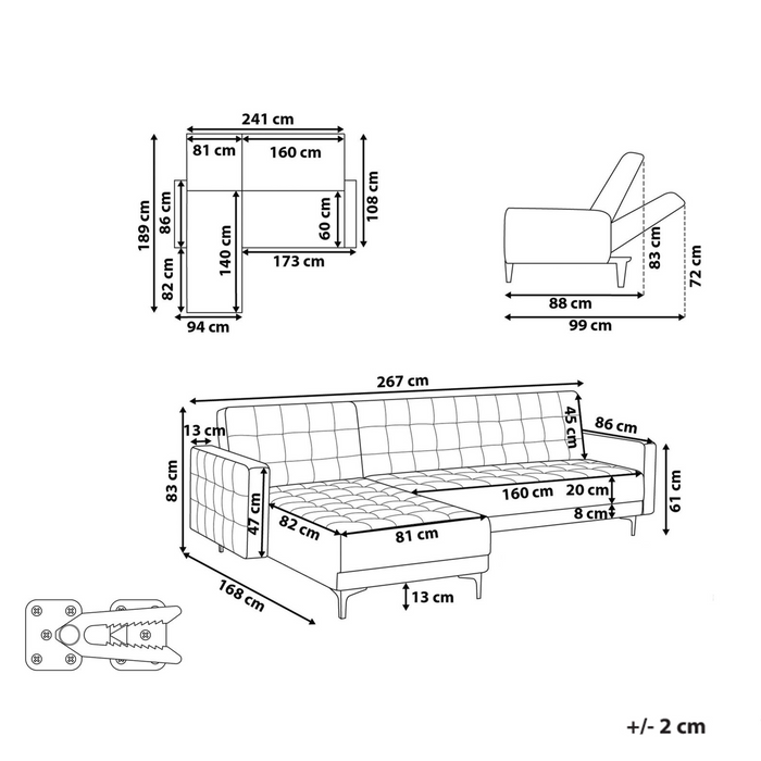 Beliani - ABERDEEN - Hoekbank - Lichtbeige - Rechterzijde - Fluweel