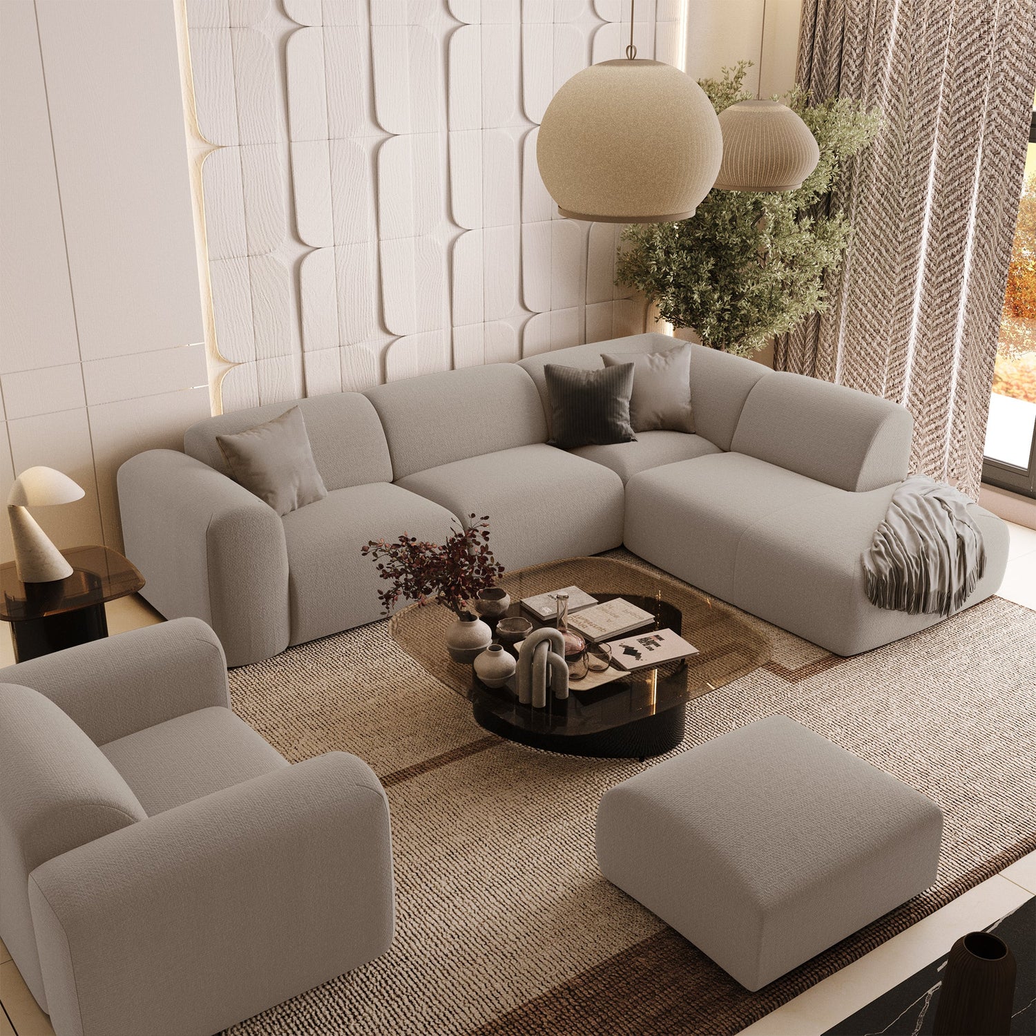 Grote hoekbank rechts, 5 zitplaatsen, beige geweven stof