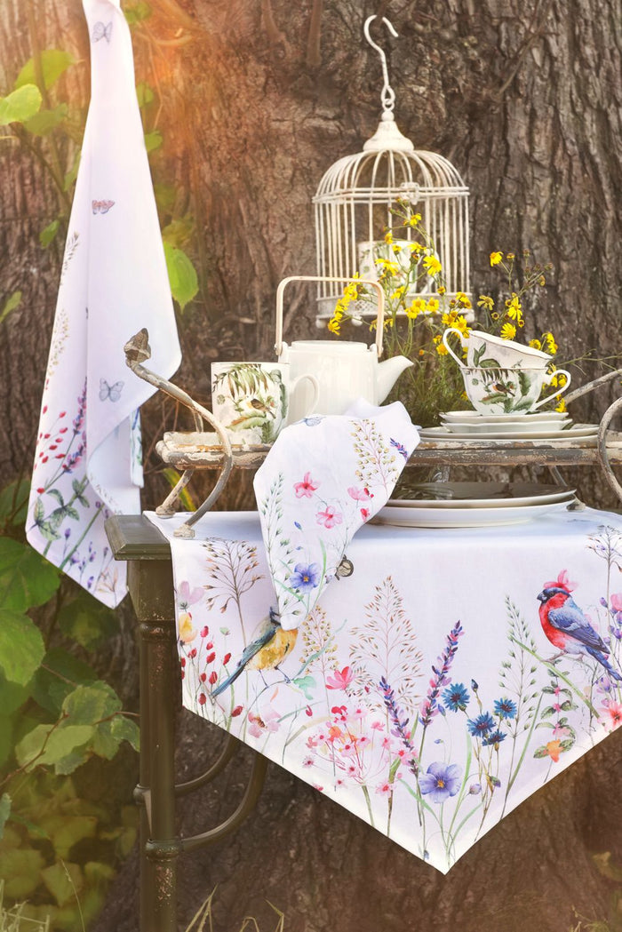 Clayre & Eef Tafelkleed 150x250 cm Wit Groen Katoen Bloemen