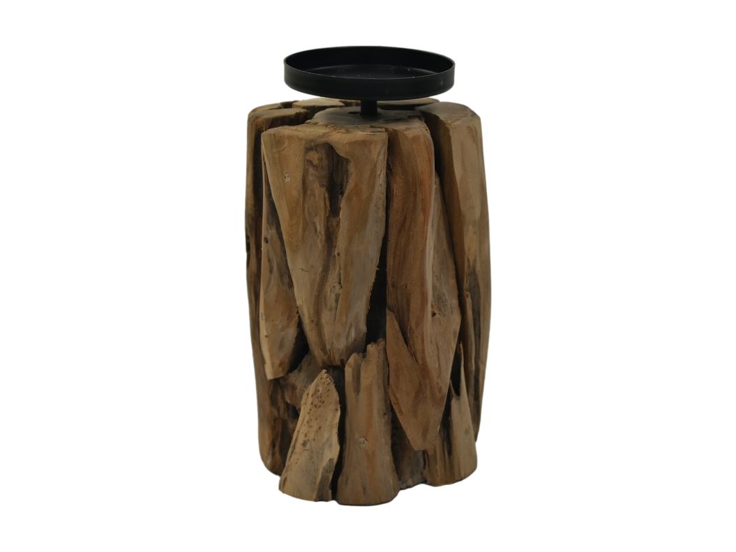 Kaarsenhouder op voet - 13x13x21 - Naturel|zwart - Drijfhout|metaal