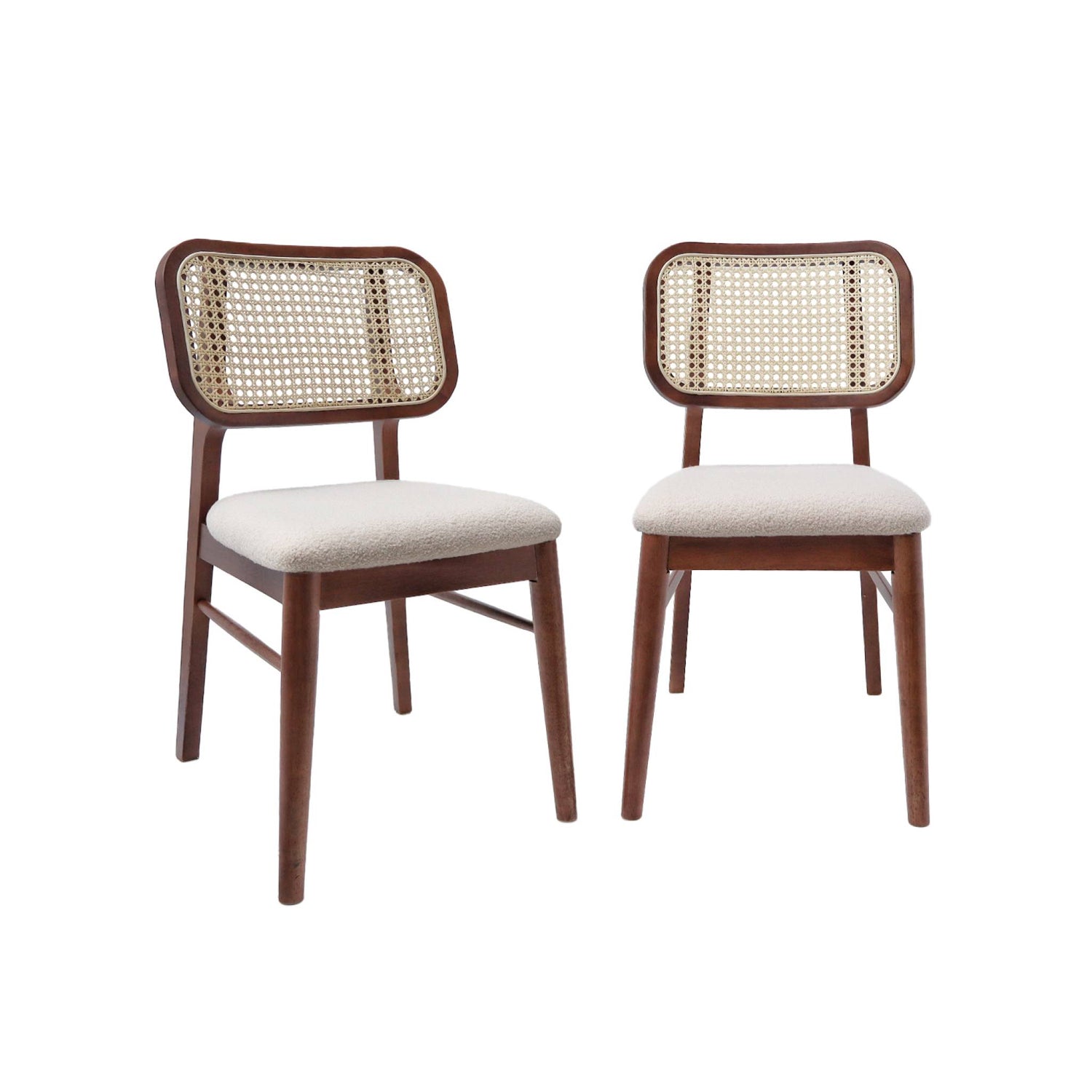 sweeek - Vintage stoel van rubberhout met vlechtwerk en boucléstof